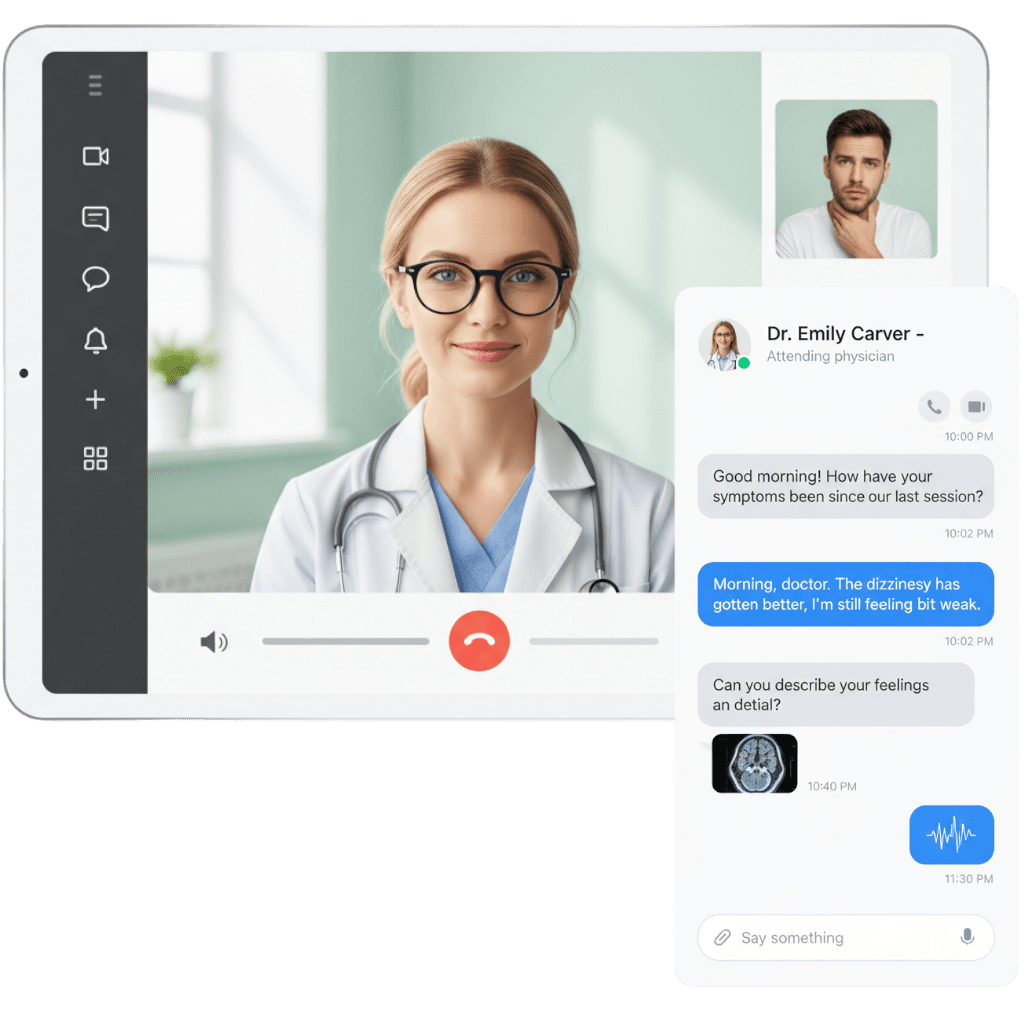 Telemedicine platform showing doctor-patient video call interface