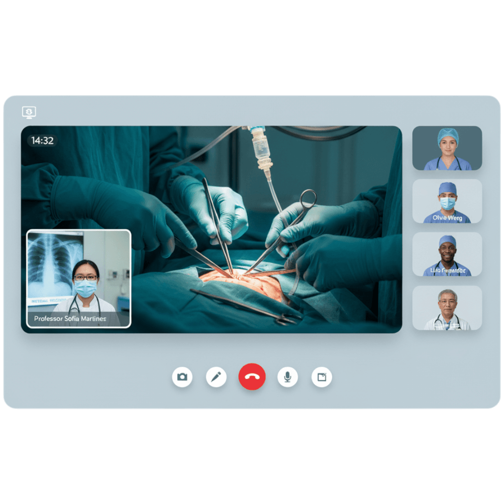 Telemedicine platform showing doctor-patient video call interface
